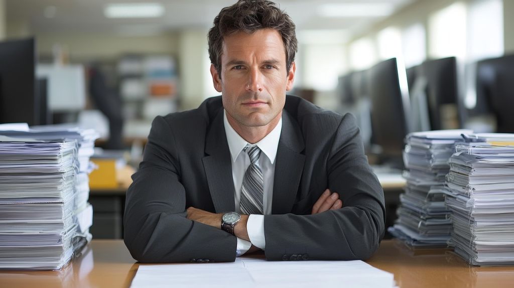 Chef d’entreprise assis entre deux piles de dossiers, symbole des obligations et risques juridiques